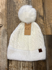 CC Cable Knit Pom Pom Fuzzy Beanie