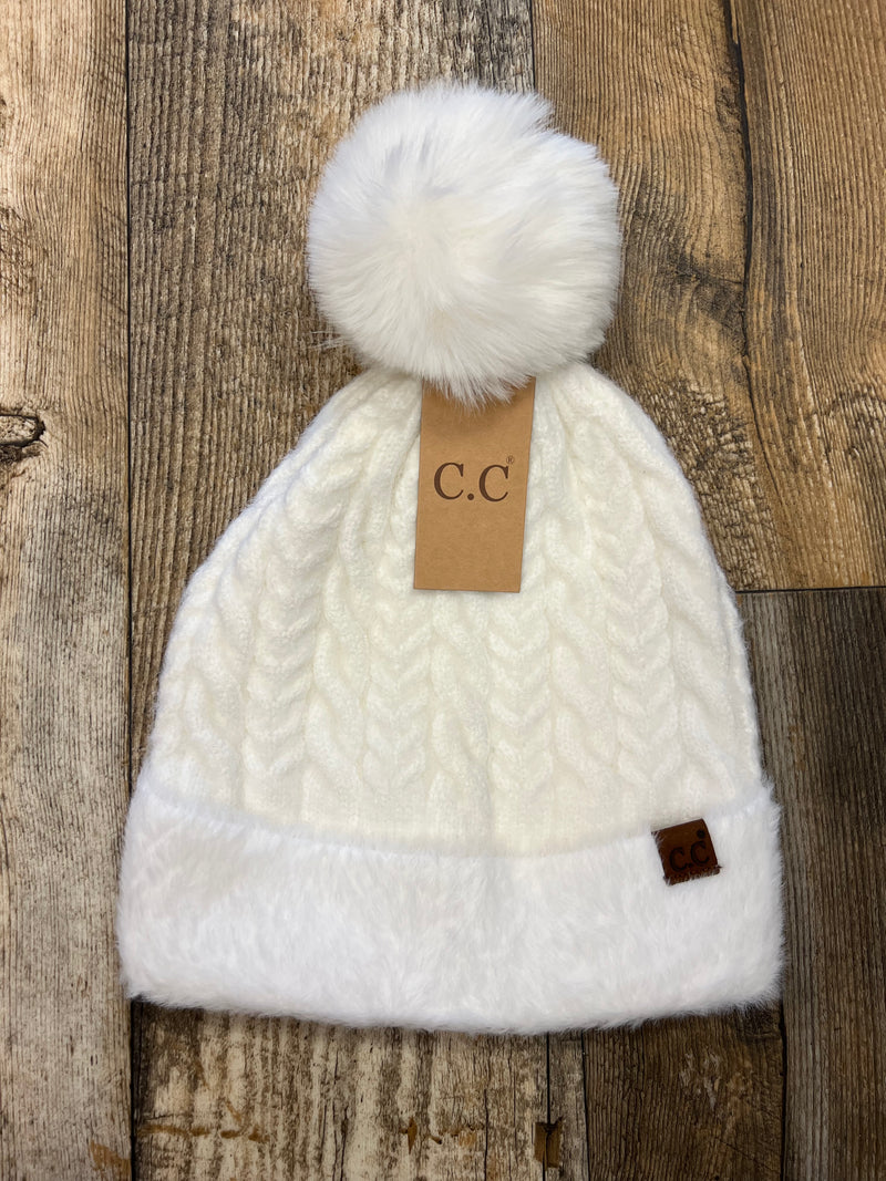 CC Cable Knit Pom Pom Fuzzy Beanie
