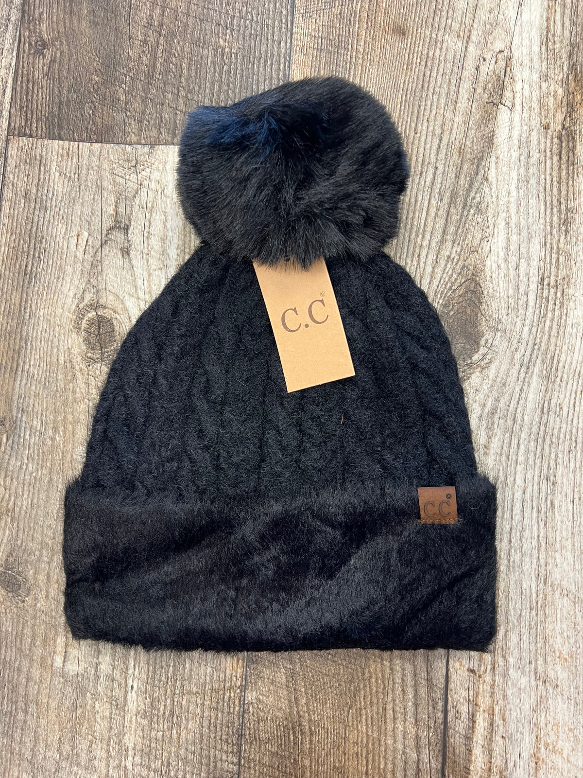 CC Cable Knit Pom Pom Fuzzy Beanie