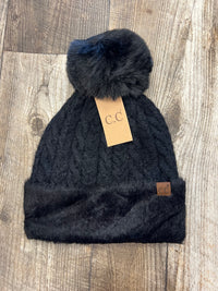 CC Cable Knit Pom Pom Fuzzy Beanie