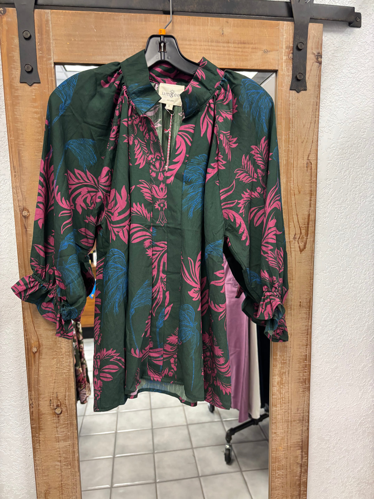 Umgee- Green top with purple and blue flower design