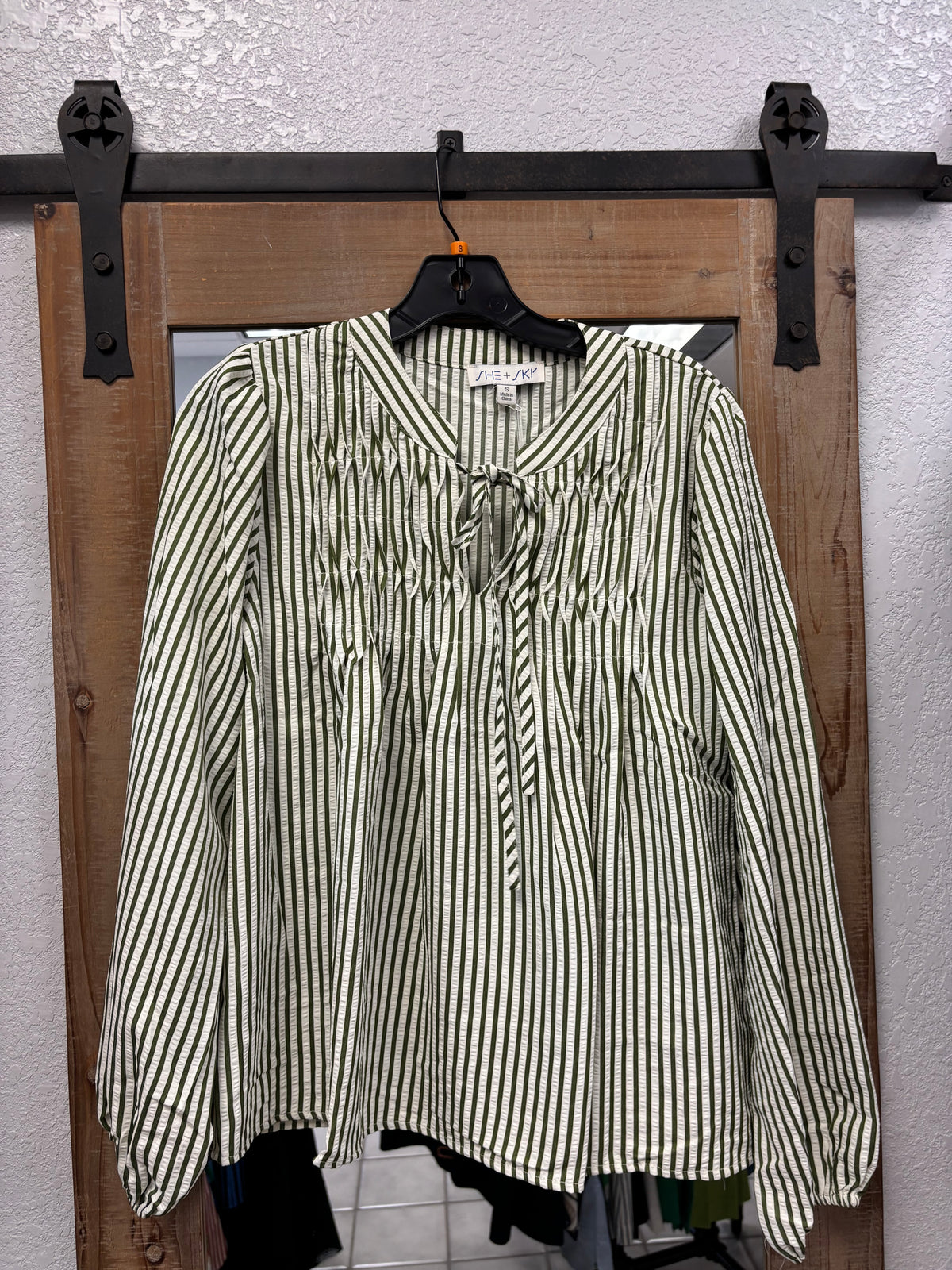 She and Sky LS Green and White Stripe Top