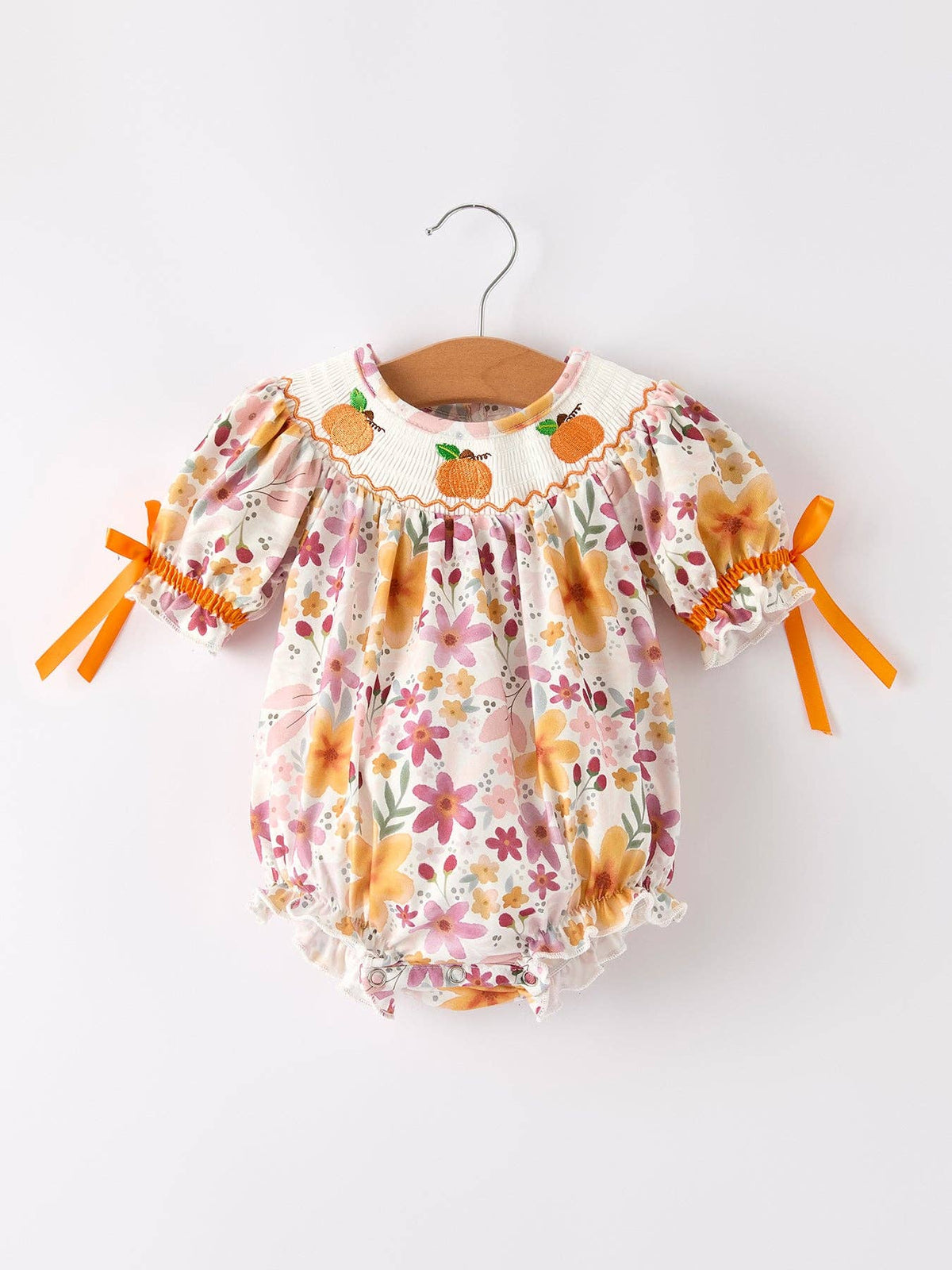 Halloween & Thanksgiving Pumpkin Embroidery Smock Floral Baby Girl Romper: 3M