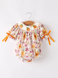 Halloween & Thanksgiving Pumpkin Embroidery Smock Floral Baby Girl Romper: 3M