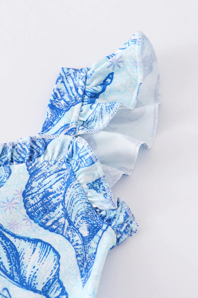 Blue Conch Print Ruffle Tiered Dress