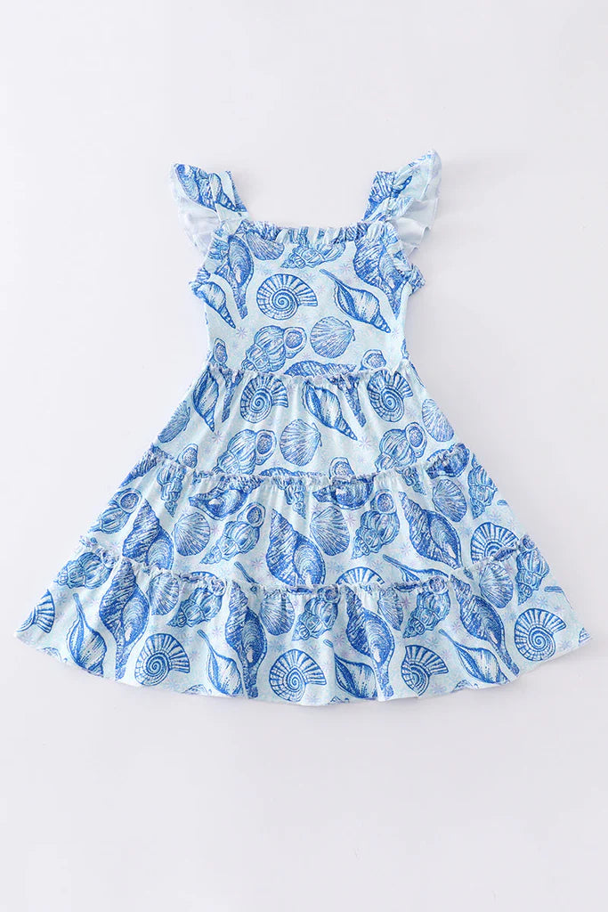 Conch Print Ruffle Tiered Dress*