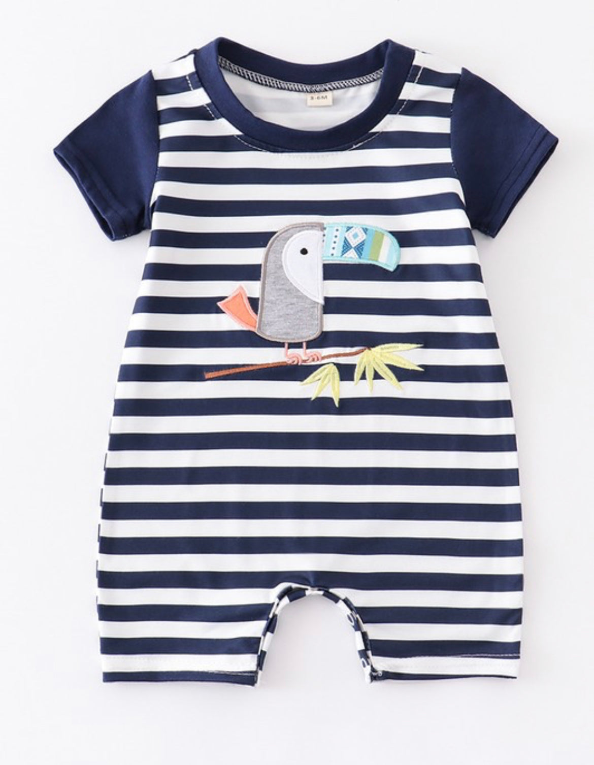 Navy Stripe Parrot Embroidery Romper