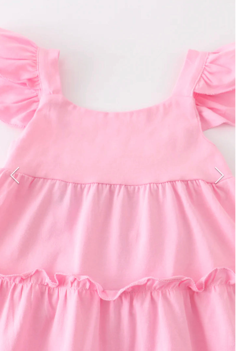 Pink Flutter Trim Tiered Dress