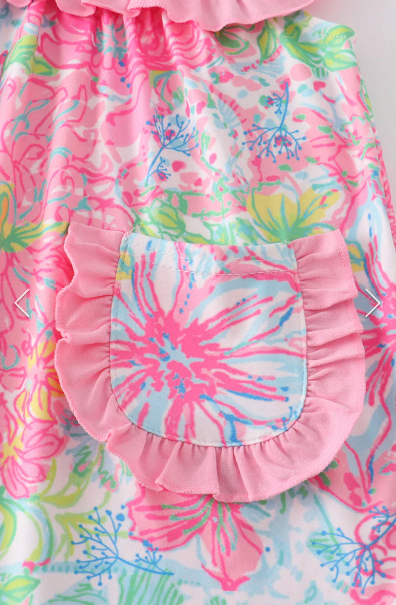 Pink Floral Print Pocket Ruffle Girl Set