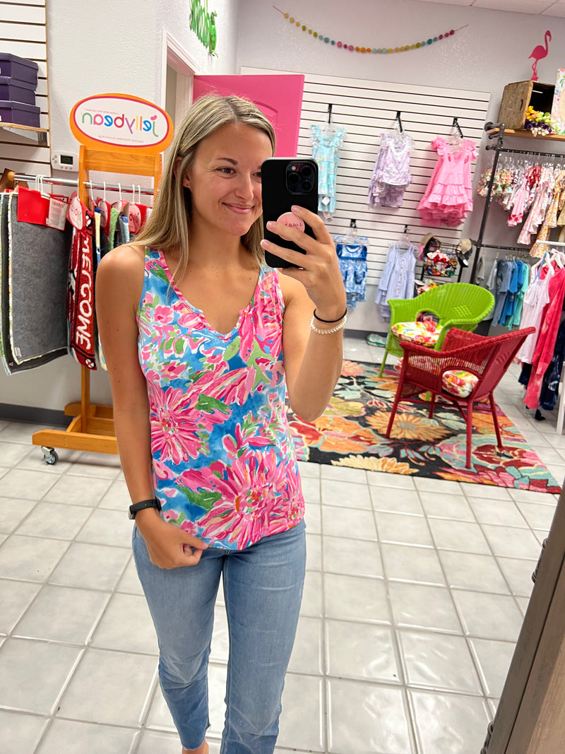 Pink Floral Print V Neck Tank Top
