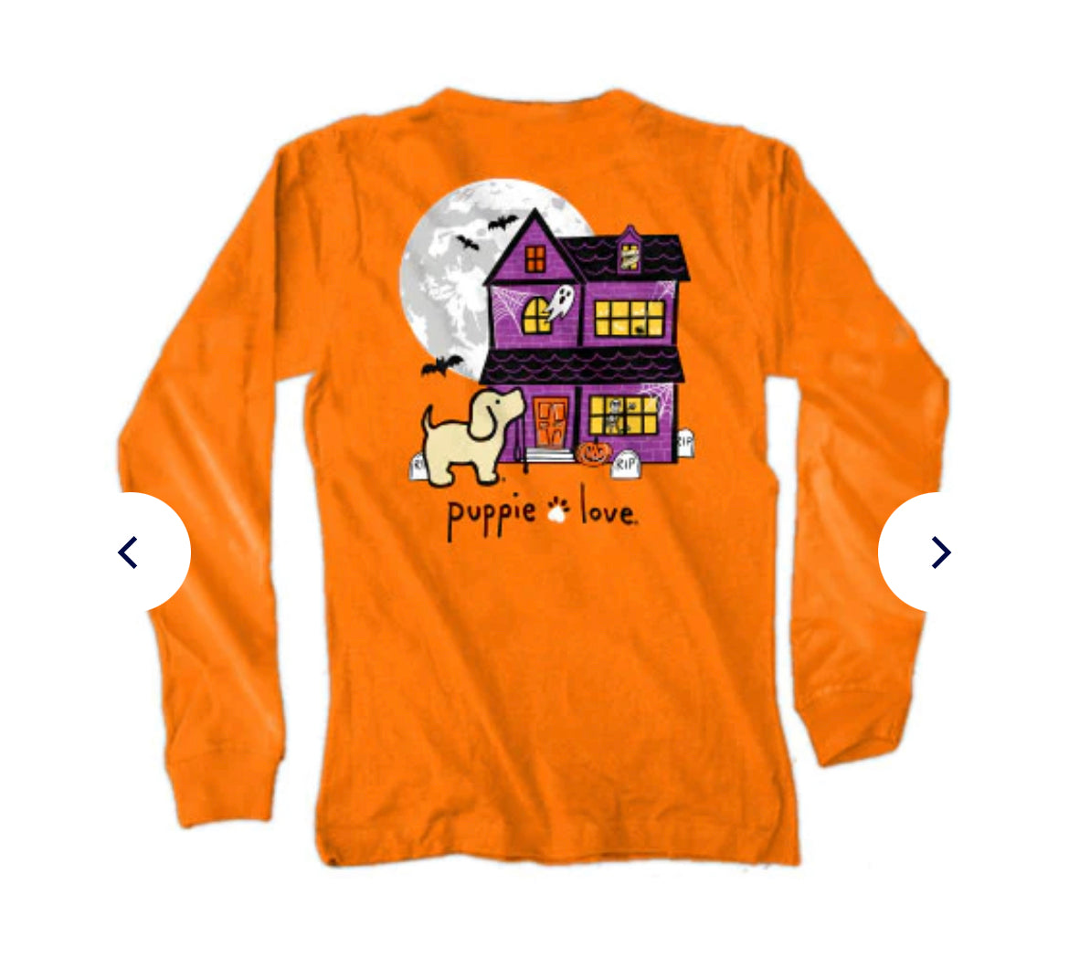 Youth Puppie Love Haunted House Pup Long Sleeve T-Shirt*